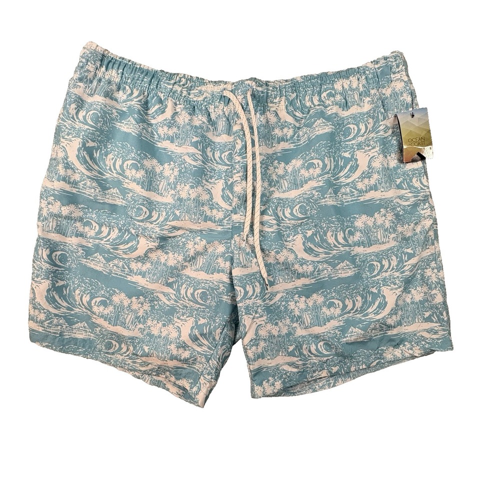 Ocean Coast Men's XL NWT Aqua White Tropical Wave Print Swim Trunks Board Shorts